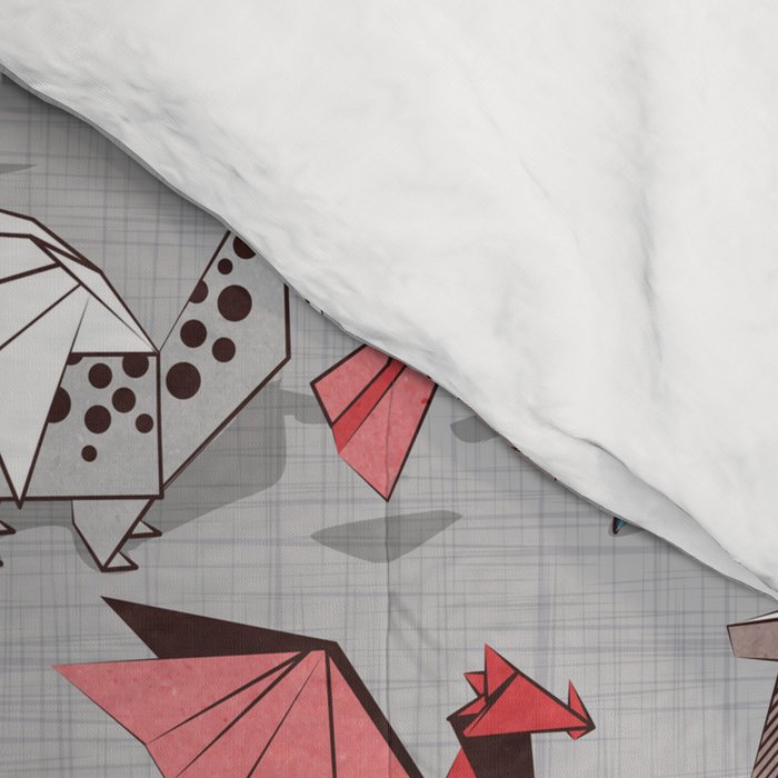Origami dragon friends // linen texture background blue red grey and taupe fantastic creatures Comforter Gallery Image 4
