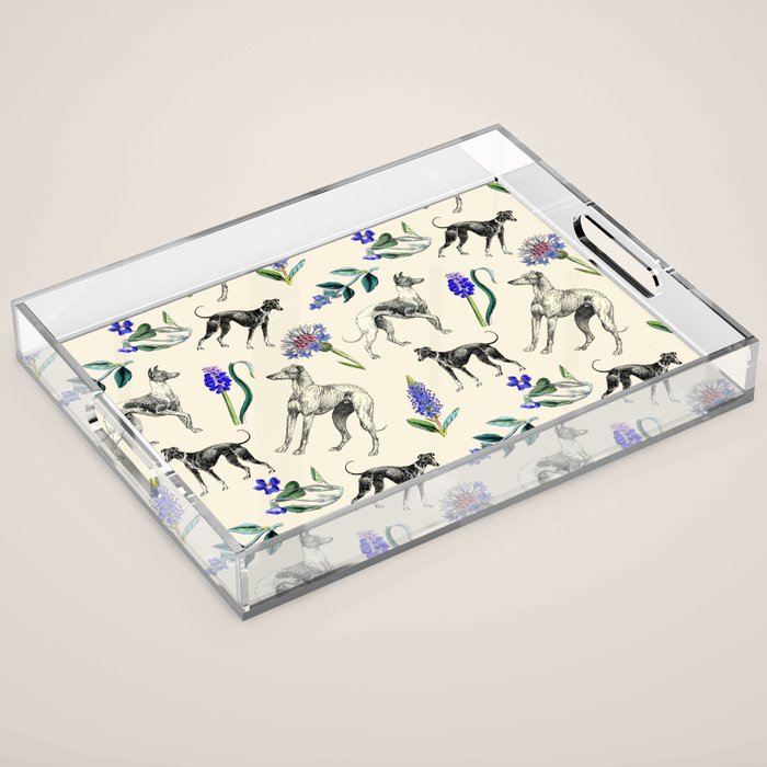 GREYHOUND DOGS and PRESSED FLOWERS Acrylic Tray Gallery Image 1
