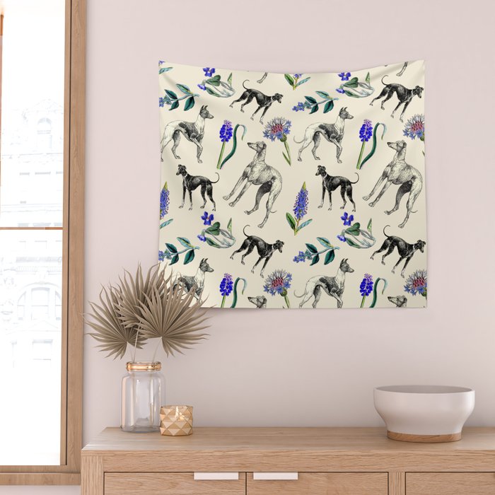 GREYHOUND DOGS and PRESSED FLOWERS Wall Tapestry Gallery Image 2