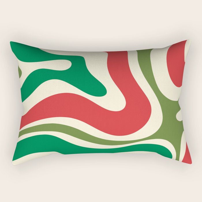 Modern Liquid Swirl Abstract Pattern Square in Retro Christmas Red Green Cream Rectangular Pillow Gallery Image 2