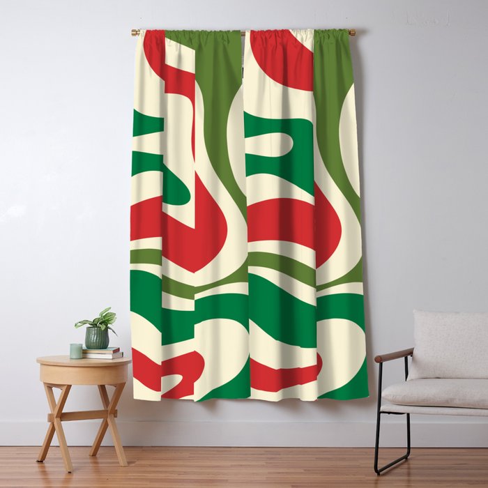 Modern Liquid Swirl Abstract Pattern Square in Retro Christmas Red Green Cream Window Curtain Gallery Image 1