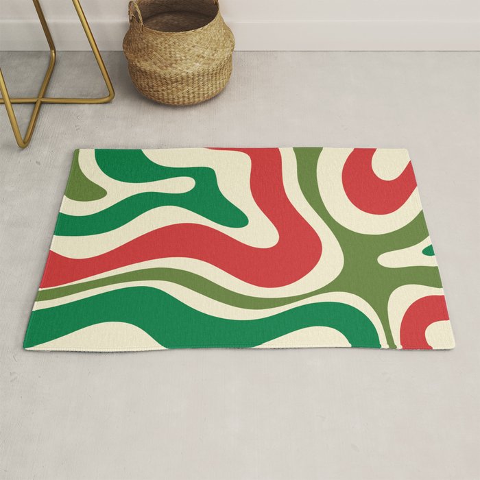 Modern Liquid Swirl Abstract Pattern Square in Retro Christmas Red Green Cream Rug Gallery Image 1