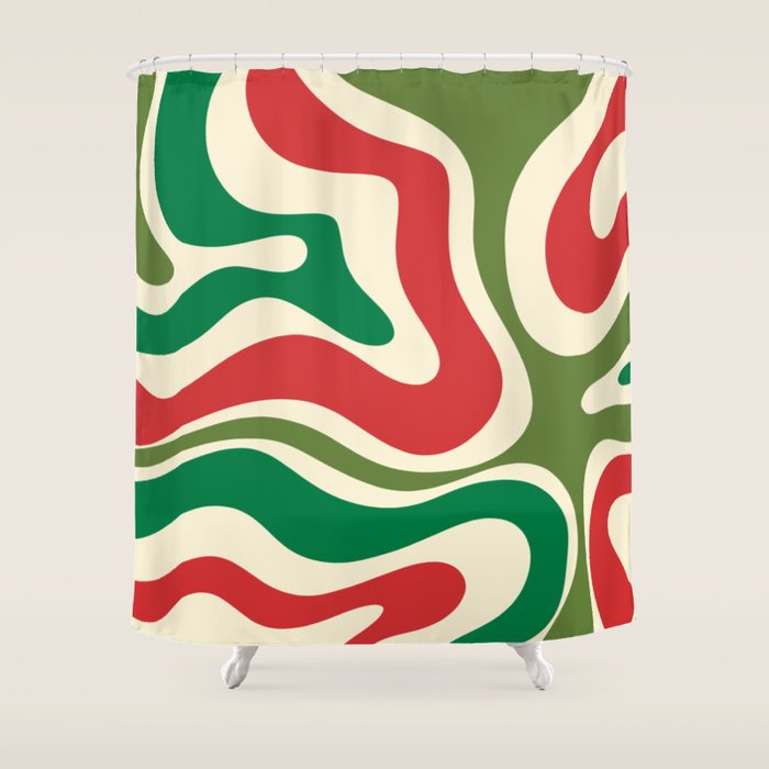 Modern Liquid Swirl Abstract Pattern Square in Retro Christmas Red Green Cream Shower Curtain Gallery Image 1