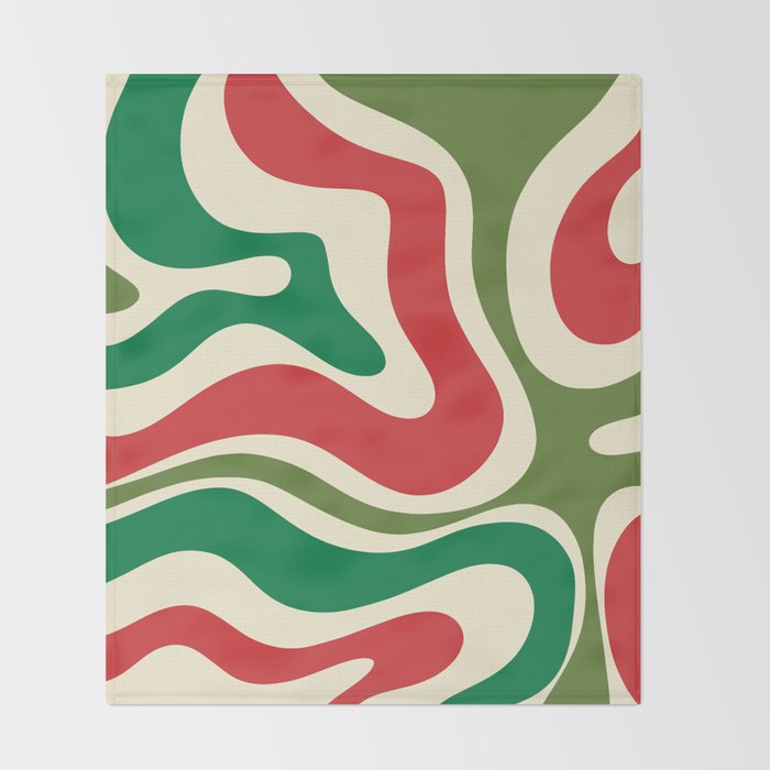 Modern Liquid Swirl Abstract Pattern Square in Retro Christmas Red Green Cream Throw Blanket Gallery Image 2