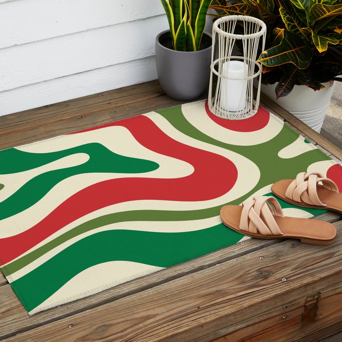 Modern Liquid Swirl Abstract Pattern Square in Retro Christmas Red Green Cream Outdoor Rug Gallery Image 2