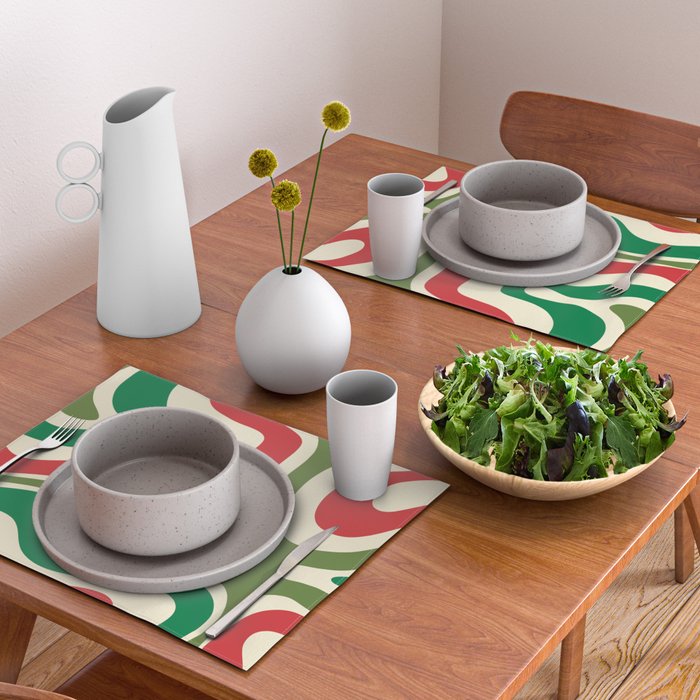 Modern Liquid Swirl Abstract Pattern Square in Retro Christmas Red Green Cream Placemat Gallery Image 2