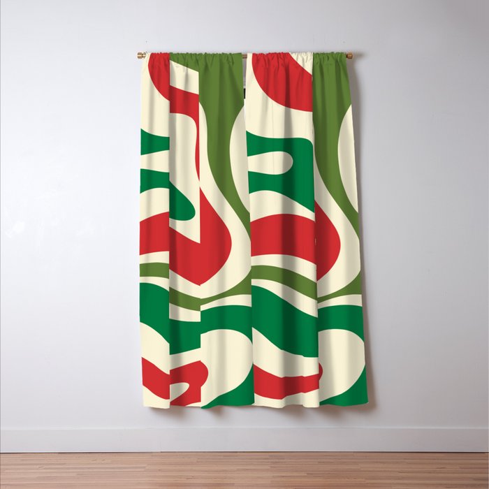 Modern Liquid Swirl Abstract Pattern Square in Retro Christmas Red Green Cream Window Curtain Gallery Image 3