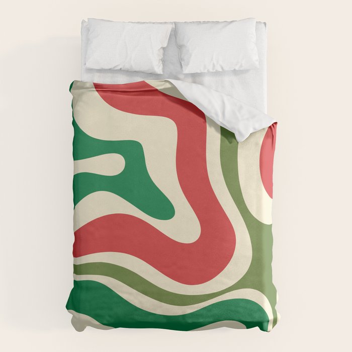 Modern Liquid Swirl Abstract Pattern Square in Retro Christmas Red Green Cream Duvet Cover Gallery Image 6