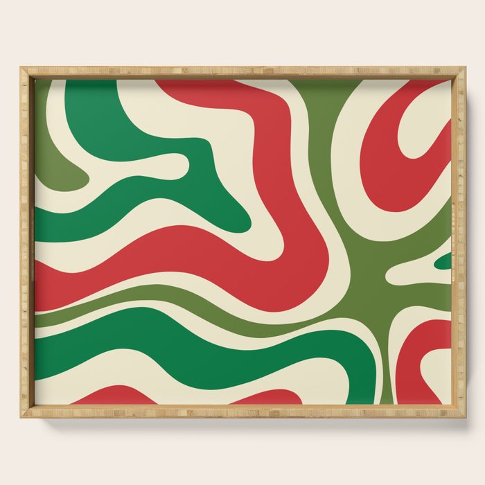 Modern Liquid Swirl Abstract Pattern Square in Retro Christmas Red Green Cream Serving Tray Gallery Image 1