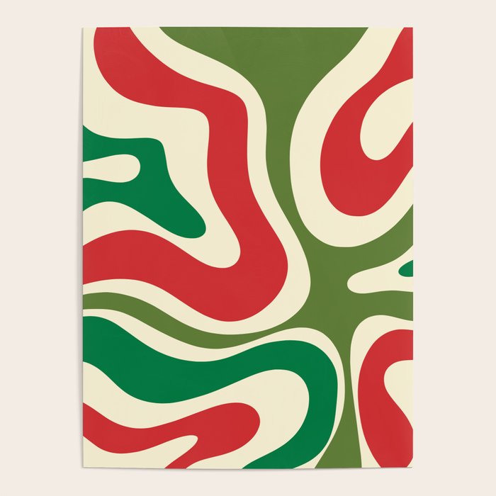 Modern Liquid Swirl Abstract Pattern Square in Retro Christmas Red Green Cream Poster Gallery Image 1