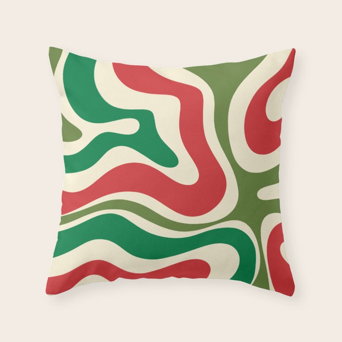 Modern Liquid Swirl Abstract Pattern Square in Retro Christmas Red Green Cream Throw Pillow Gallery Image 6