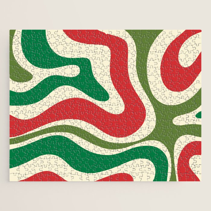 Modern Liquid Swirl Abstract Pattern Square in Retro Christmas Red Green Cream Jigsaw Puzzle Gallery Image 1