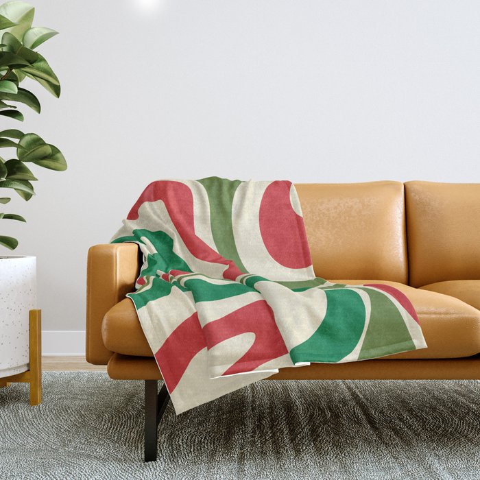 Modern Liquid Swirl Abstract Pattern Square in Retro Christmas Red Green Cream Throw Blanket Gallery Image 1