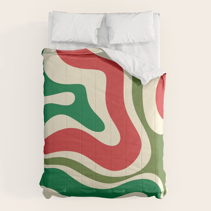 Modern Liquid Swirl Abstract Pattern Square in Retro Christmas Red Green Cream Comforter Gallery Image 6