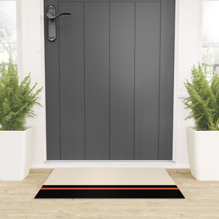 Minimal Solid Stripe Color Block Pattern in Black, Almond Cream, and Orange Welcome Mat Gallery Image 3