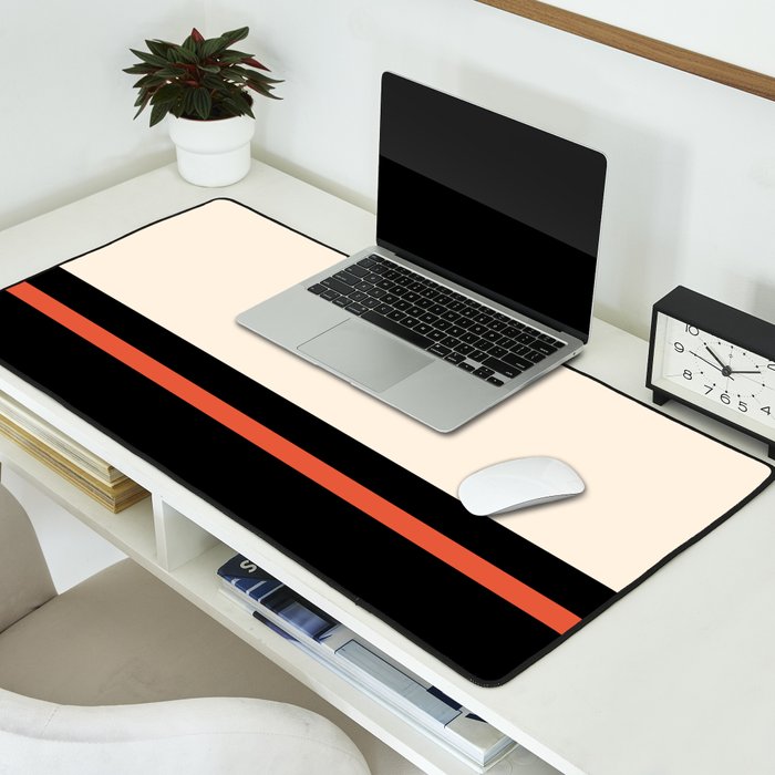 Minimal Solid Stripe Color Block Pattern in Black, Almond Cream, and Orange Desk Mat Gallery Image 2