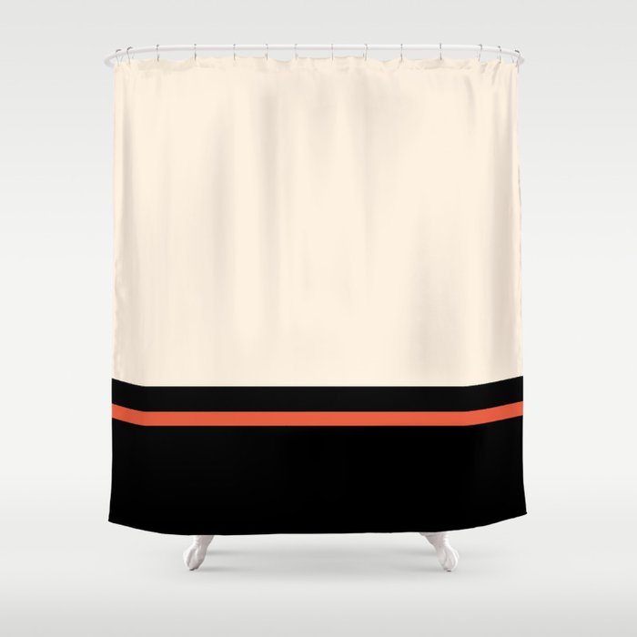 Minimal Solid Stripe Color Block Pattern in Black, Almond Cream, and Orange Shower Curtain Gallery Image 1