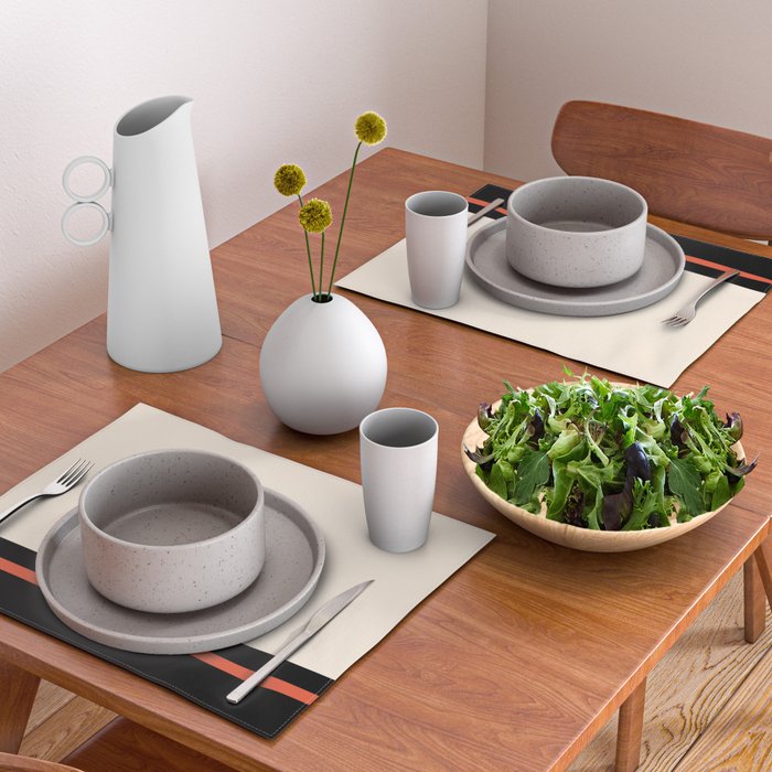Minimal Solid Stripe Color Block Pattern in Black, Almond Cream, and Orange Placemat Gallery Image 2
