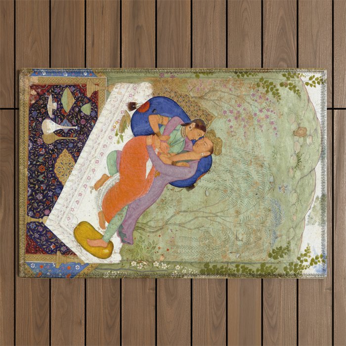 Embracing Couple Indian Painting Miniature Mughal Art Outdoor Rug Gallery Image 1