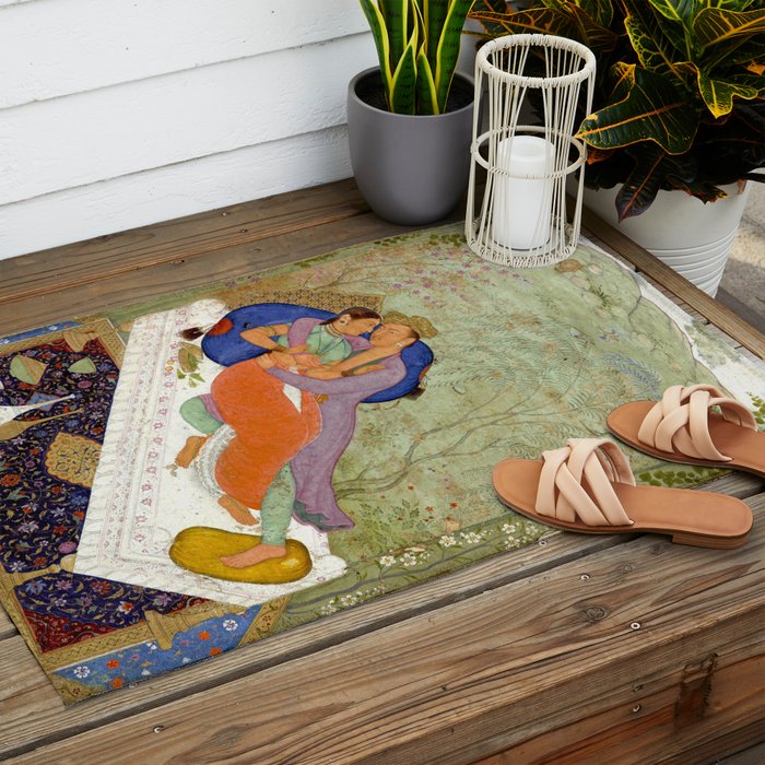 Embracing Couple Indian Painting Miniature Mughal Art Outdoor Rug Gallery Image 2