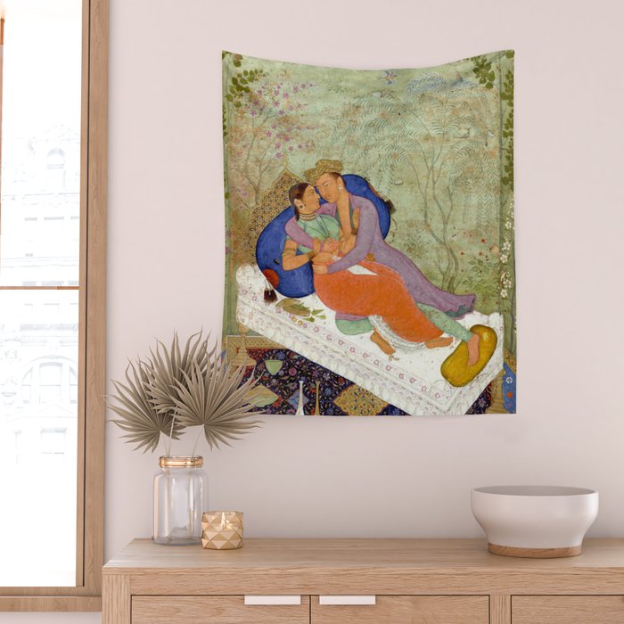 Embracing Couple Indian Painting Miniature Mughal Art Wall Tapestry Gallery Image 2