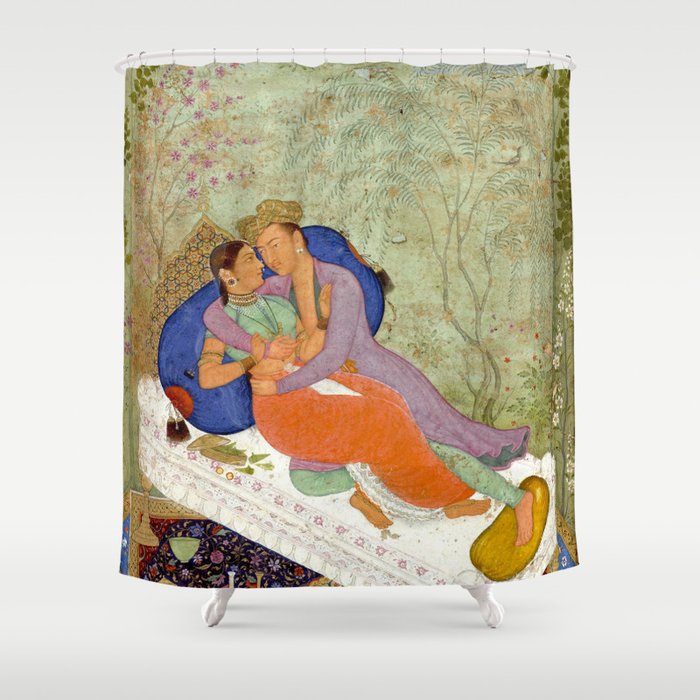 Embracing Couple Indian Painting Miniature Mughal Art Shower Curtain Gallery Image 1