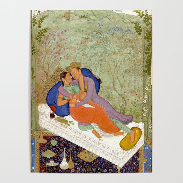 Embracing Couple Indian Painting Miniature Mughal Art Poster Gallery Image 1