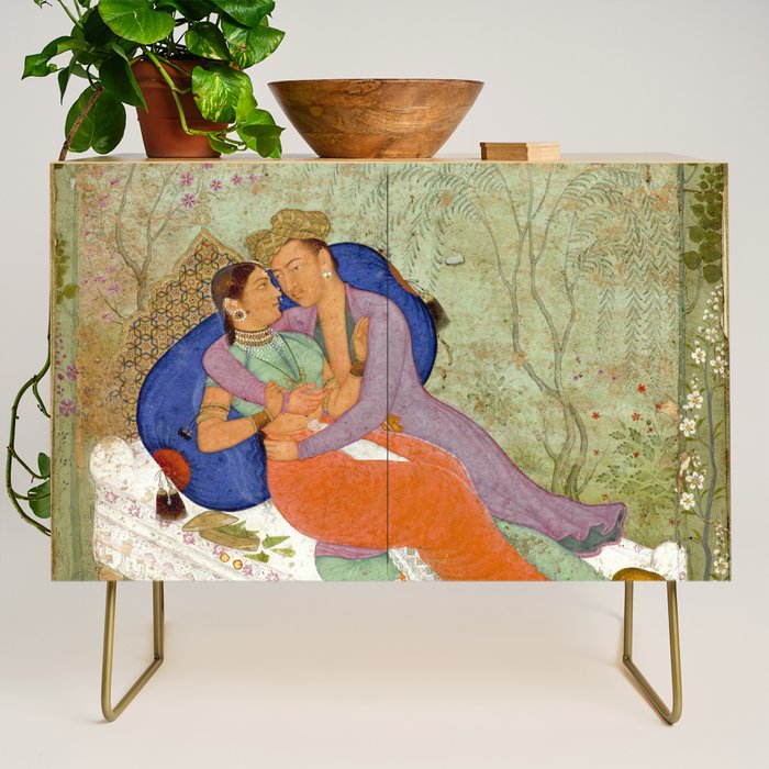 Embracing Couple Indian Painting Miniature Mughal Art Credenza Gallery Image 1