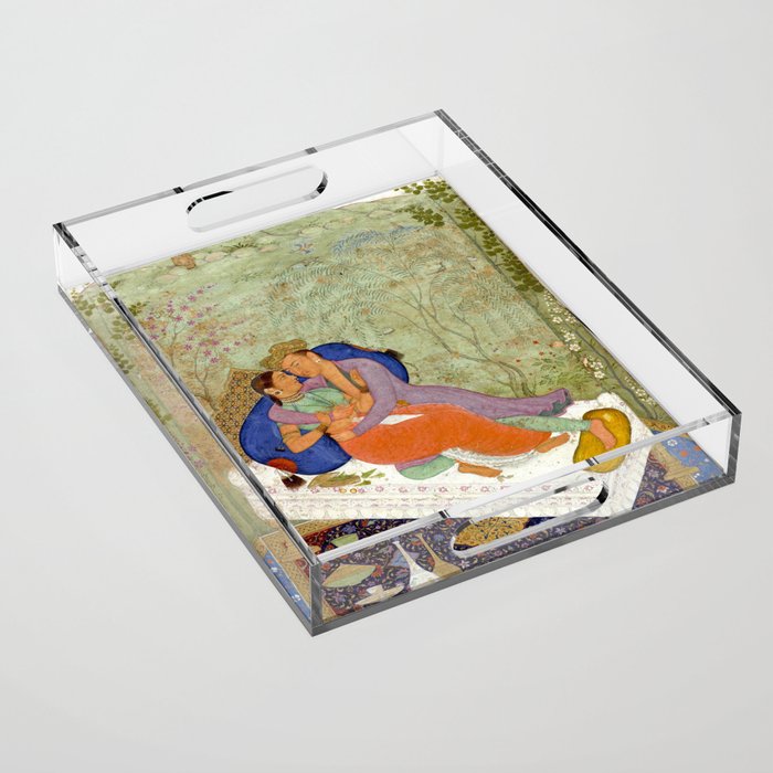 Embracing Couple Indian Painting Miniature Mughal Art Acrylic Tray Gallery Image 1