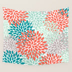 Floral Pattern, Orange, Teal, Mint Green, Flower Print Wall Tapestry Gallery Image 4