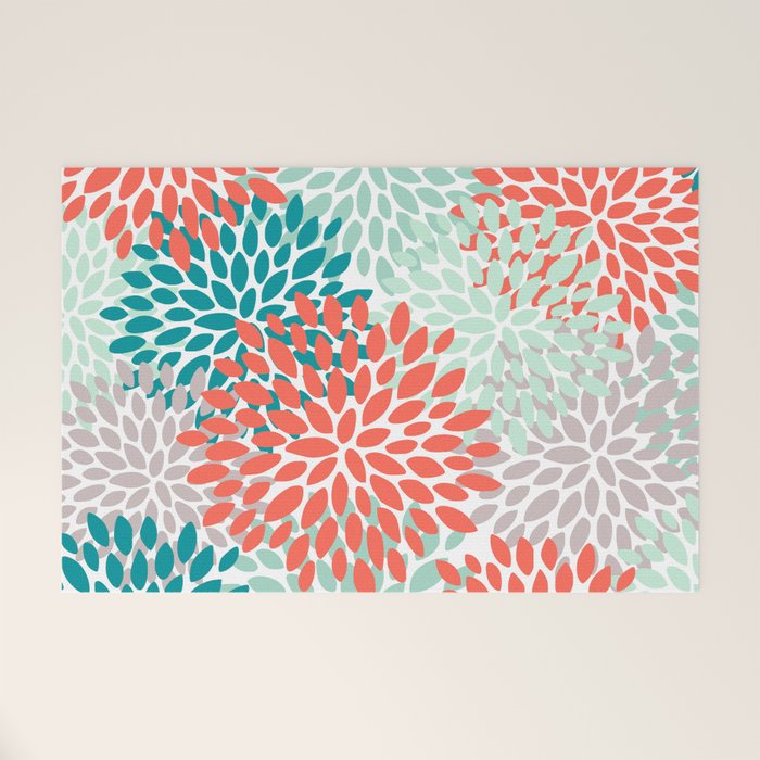 Floral Pattern, Orange, Teal, Mint Green, Flower Print Welcome Mat Gallery Image 1