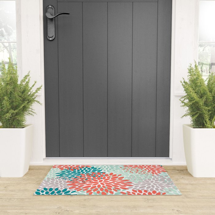 Floral Pattern, Orange, Teal, Mint Green, Flower Print Welcome Mat Gallery Image 3