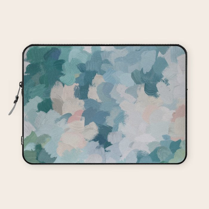 Flowers in the Wind I - Mint Green Sky Blue Teal Blush Pink Abstract Nature Spring Blossom Painting Laptop Sleeve Gallery Image 1