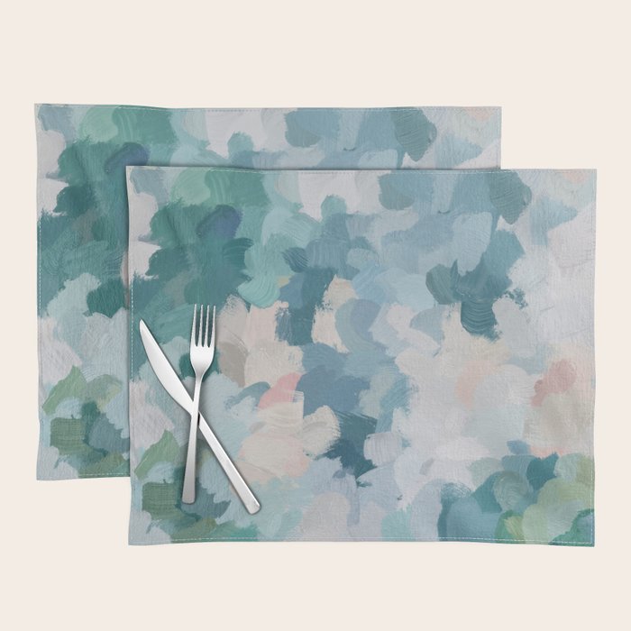 Flowers in the Wind I - Mint Green Sky Blue Teal Blush Pink Abstract Nature Spring Blossom Painting Placemat Gallery Image 1