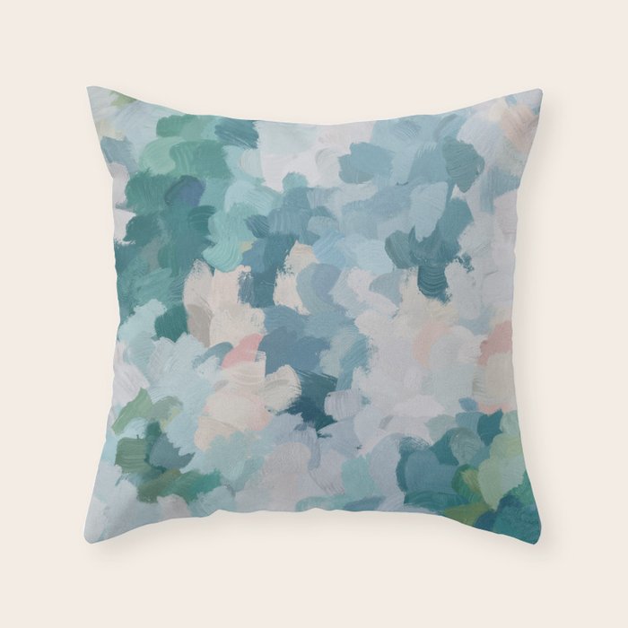 Flowers in the Wind I - Mint Green Sky Blue Teal Blush Pink Abstract Nature Spring Blossom Painting Throw Pillow Gallery Image 6