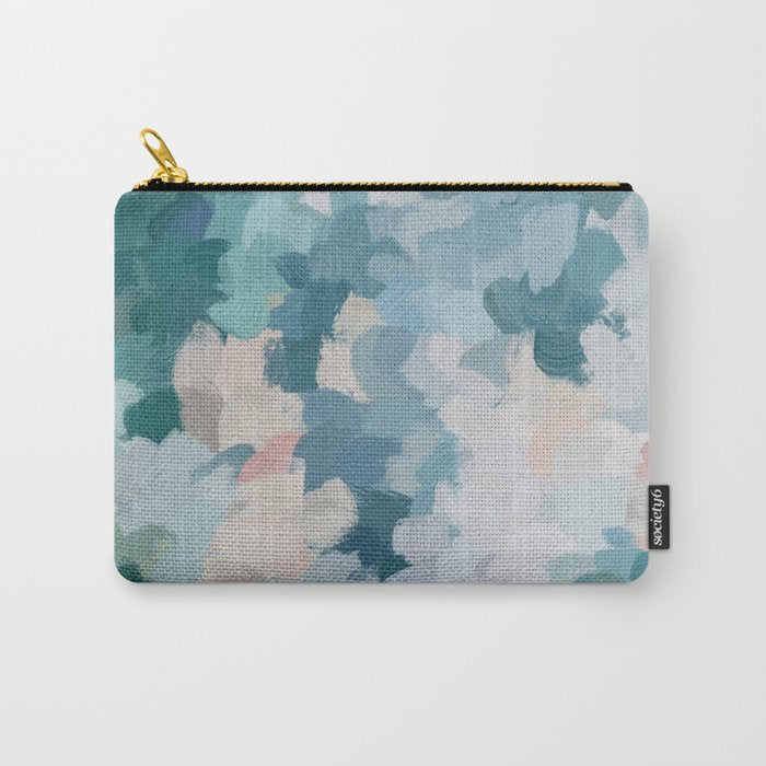 Flowers in the Wind I - Mint Green Sky Blue Teal Blush Pink Abstract Nature Spring Blossom Painting Carry All Pouch Gallery Image 1