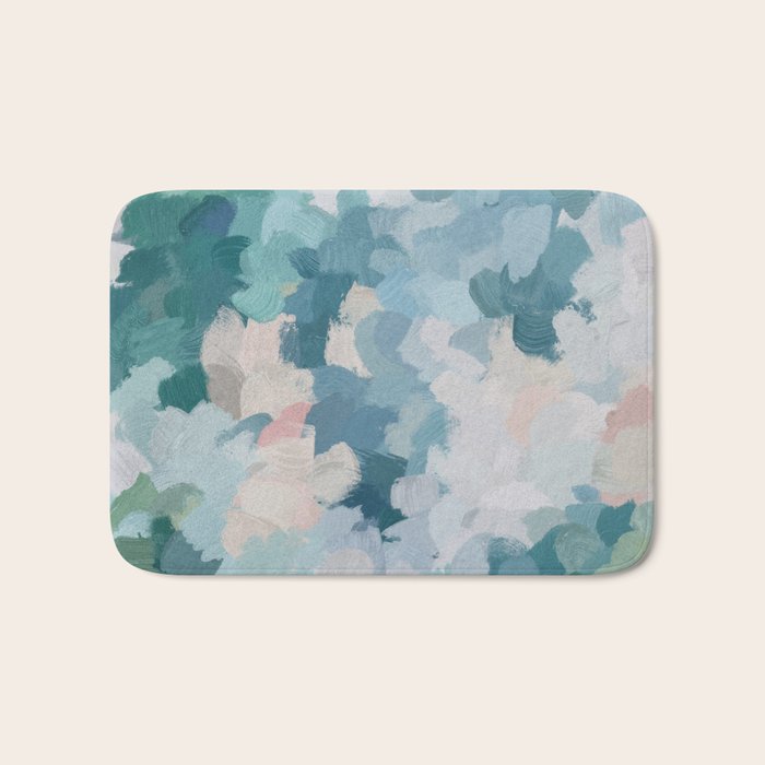 Flowers in the Wind I - Mint Green Sky Blue Teal Blush Pink Abstract Nature Spring Blossom Painting Bath Mat Gallery Image 1