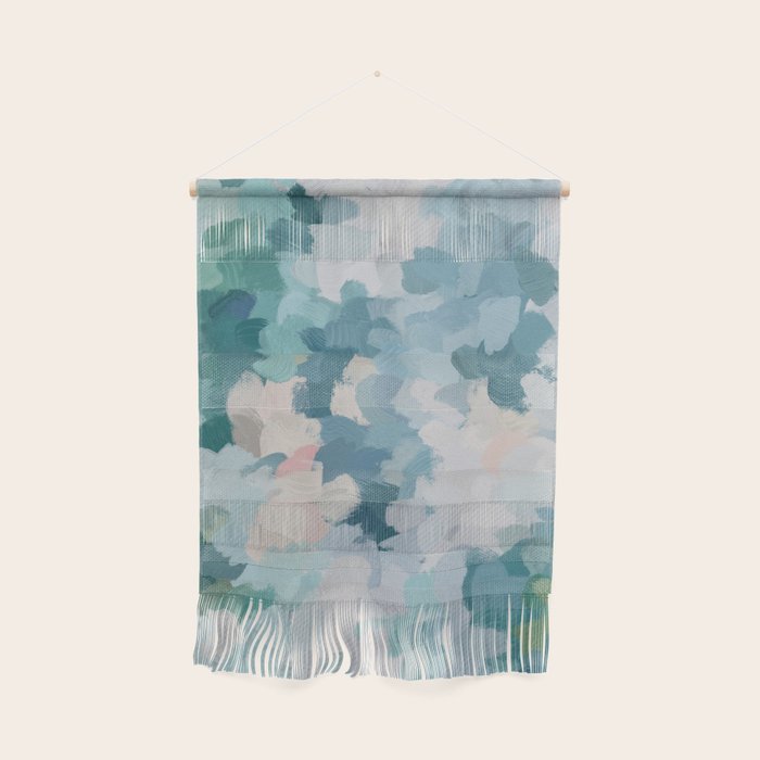 Flowers in the Wind I - Mint Green Sky Blue Teal Blush Pink Abstract Nature Spring Blossom Painting Wall Hanging Gallery Image 1