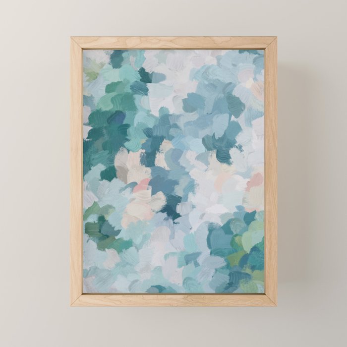 Flowers in the Wind I - Mint Green Sky Blue Teal Blush Pink Abstract Nature Spring Blossom Painting Mini Art Print Gallery Image 1