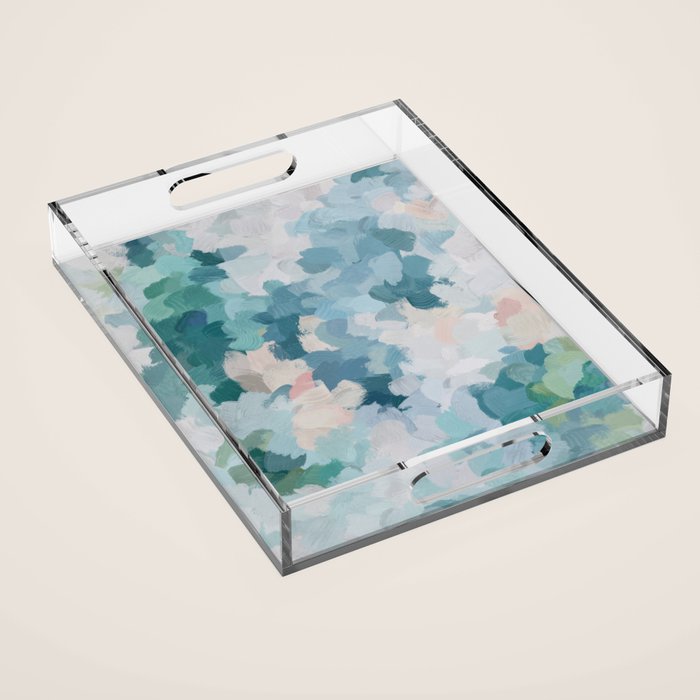 Flowers in the Wind I - Mint Green Sky Blue Teal Blush Pink Abstract Nature Spring Blossom Painting Acrylic Tray Gallery Image 1