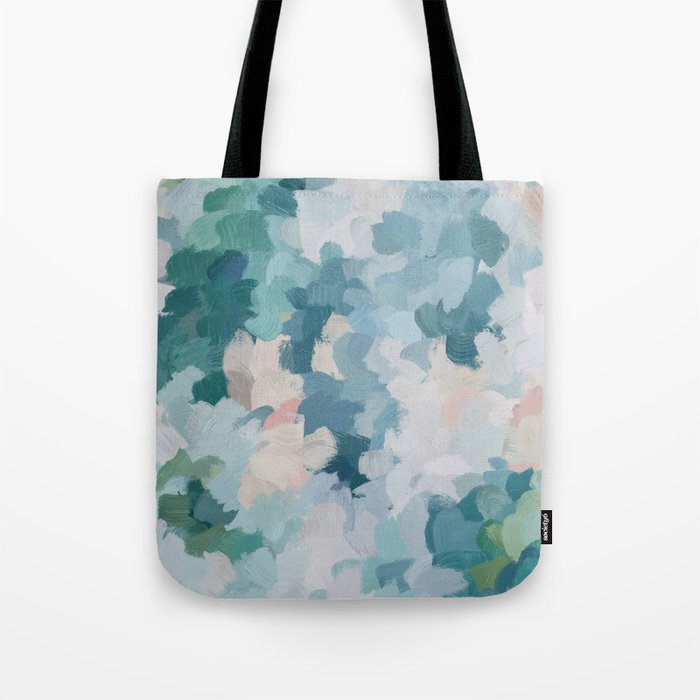 Flowers in the Wind I - Mint Green Sky Blue Teal Blush Pink Abstract Nature Spring Blossom Painting Tote Bag Gallery Image 1