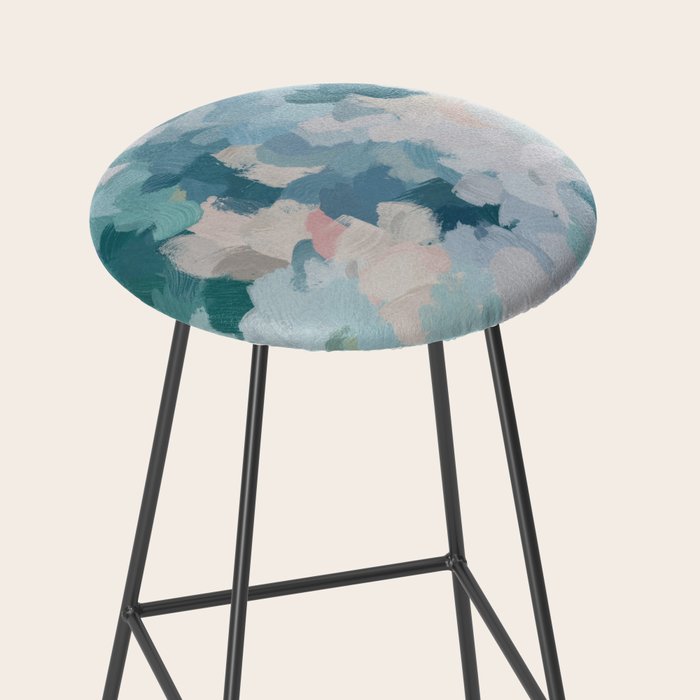 Flowers in the Wind I - Mint Green Sky Blue Teal Blush Pink Abstract Nature Spring Blossom Painting Stool Gallery Image 2