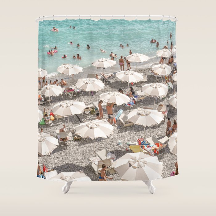 Amalfi Coast Beach Umbrella Photo | Italian Summer In Pastel Colors Art Print | Italy, Europe Travel Photography Shower Curtain Gallery Image 1