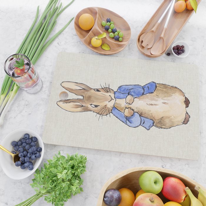 Peter the rabbit beige linen textured background Cutting Board Gallery Image 2