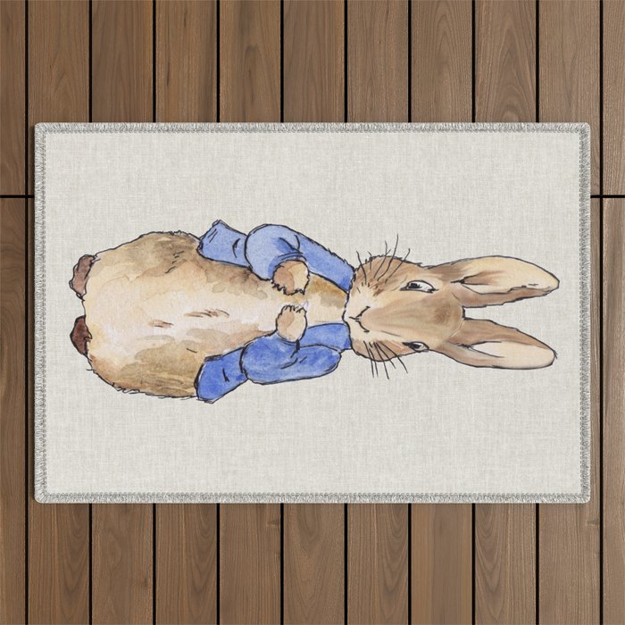 Peter the rabbit beige linen textured background Outdoor Rug Gallery Image 1