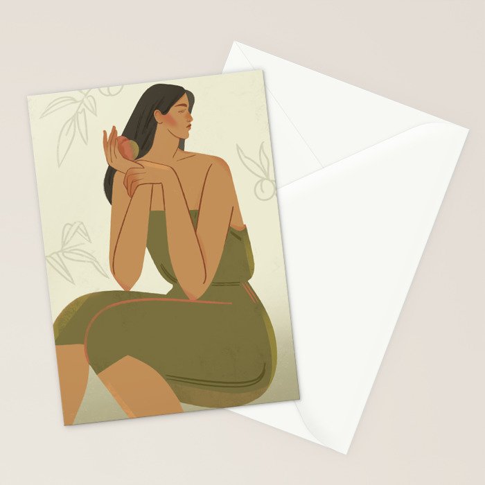 portrait of a girl with a peach in a green dress Stationery Card Gallery Image 2