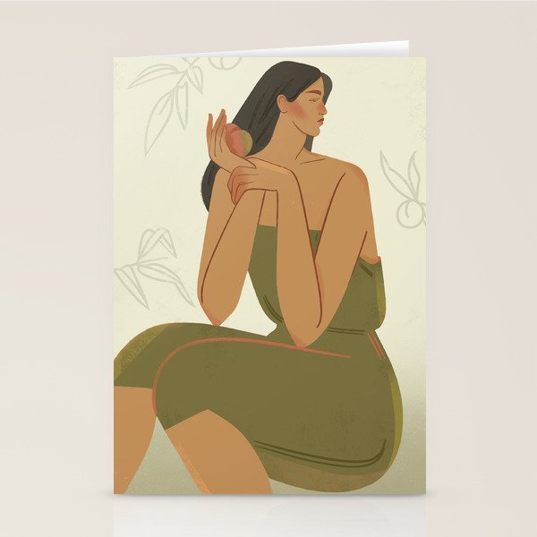 portrait of a girl with a peach in a green dress Stationery Card Gallery Image 1