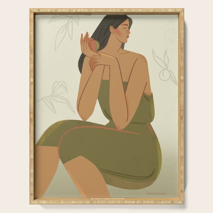 portrait of a girl with a peach in a green dress Serving Tray Gallery Image 1