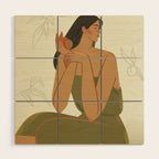 portrait of a girl with a peach in a green dress Wood Wall Art Gallery Image 1