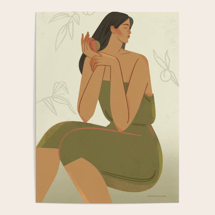 portrait of a girl with a peach in a green dress Poster Gallery Image 1